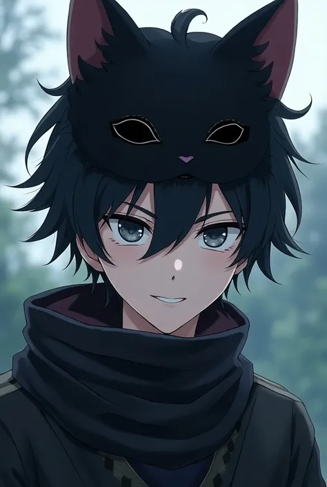 a 19-year-old,  Hashira from the anime universe Kimetsu no Yaiba , With black hair with gray highlights ,  and dark gray eyes with details in white ,  she has a playful personality , but seriously,  cold and calculating with a black cat mask that covers pa...