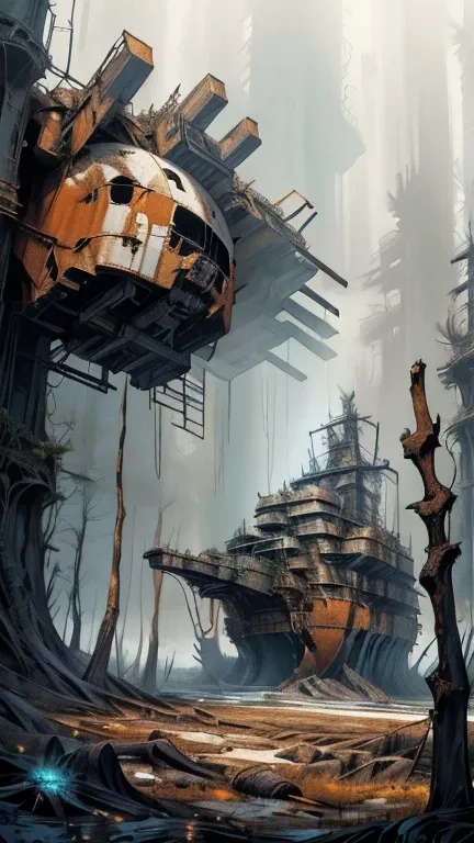 there is a large ship that is in the middle of a forest, in the art style of filip hodas, destroyed ship, inspired by Ismail Inceoglu, rusted junk, alejandro burdisio art, alien ship wreck, adventure hyper realistic render, overgrown environment, stefan ko...