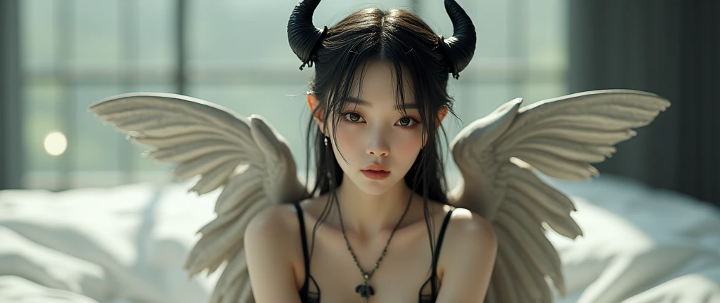 Make Shinobu in UnderwasherEalism : 1.3, masterpiece,  highest quality ,  High resolution , Details: 1.2,  1 very pretty young Korean demon, heart-shaped face, symmetrical bun, with two horns,  two large wings on the back , Hair accessories, Schmuck, delic...