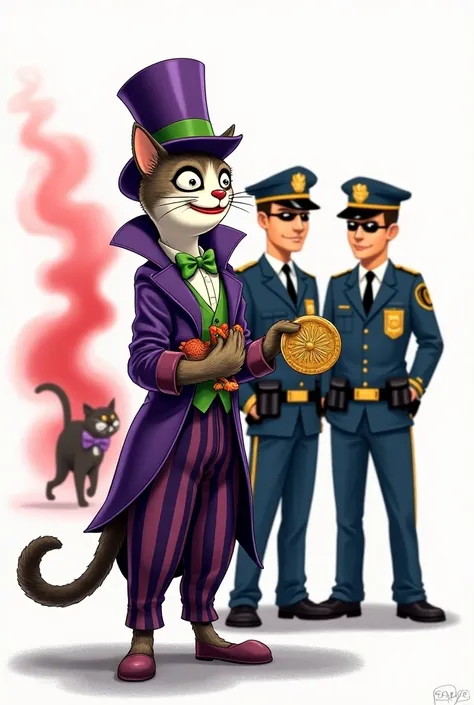 
At the police station, Bat Cat  with cat face presented the golden medallion s to the officers. They were amazed at his bravery and thanked him for retrieving it . 


Background white joker disappears in the red smoke. 

Here’s an even shorter description...