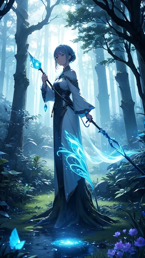 Elwyn is back in the mystical forest, now with a contemplative expression. The portal behind her is closing, and the magical glow around her staff is getting stronger. The talking tree is leaning slightly forward as if encouraging her. The atmosphere remai...