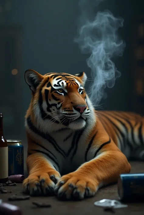 Tiger lying on his belly ,  smoking with his eyes squashed and full of smoke around him wine bottles and beer cans on one side 