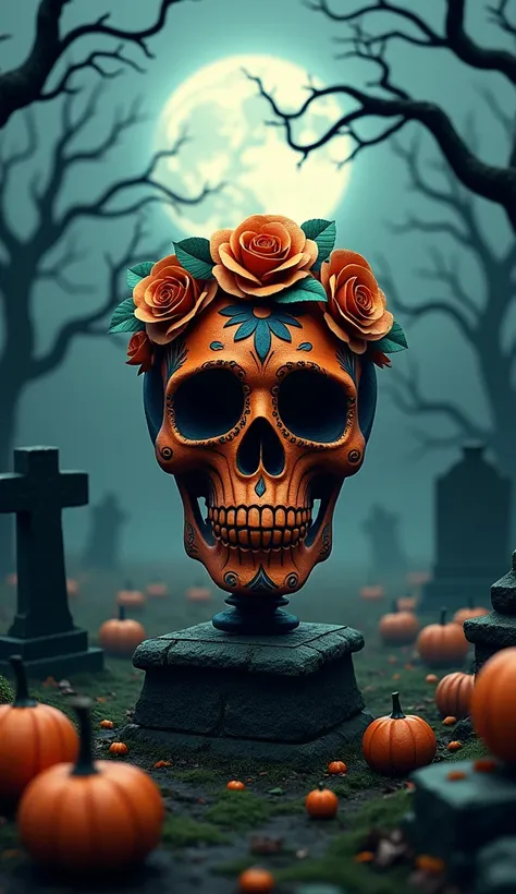  Mexican Skull in a Ghostly Cemetery :  A Mexican skull painted with vibrant orange and black colors,  decorated with paper roses and tiny pumpkins ,  is at the center of a desolate cemetery .  The background includes ancient headstones covered in moss ,  ...