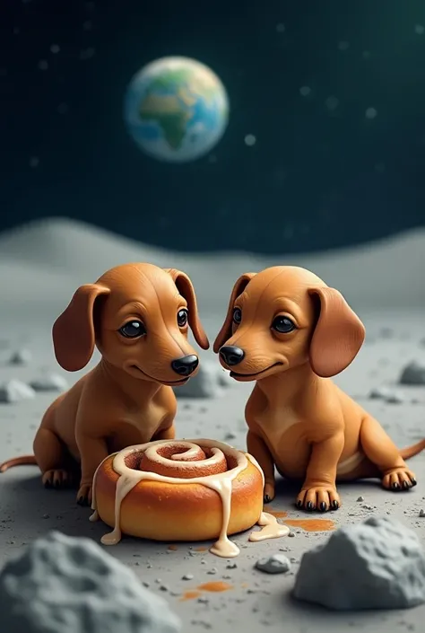 Dachshunds are eating cinnamon roll on the Moon