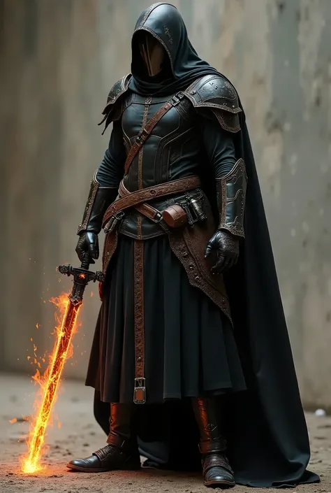  Man in medieval clothing of the future ,  made of black fabric with details in brown fabric ,  protectors and helmet made of metal , plasma weapon of the future ,  a metal sword with flames of light surrounding the blade and some thermo nuclear fusion gre...