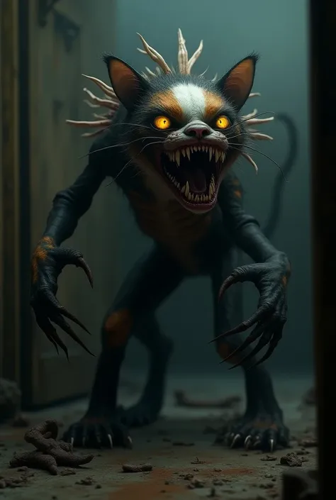 Creepy tricolor cat, huge, thin monster in a dark room , with huge clutches , sharp teeth, thick fur , Bones coming violently out of the back and bright yellow eyes
