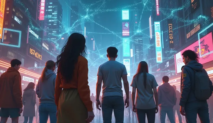 A dynamic cyberpunk scene illustrating the theme of connections. In the foreground, a diverse group of people with various cultural backgrounds, including a woman with Indigenous ancestry, are linked by glowing, digital threads of light that weave between ...