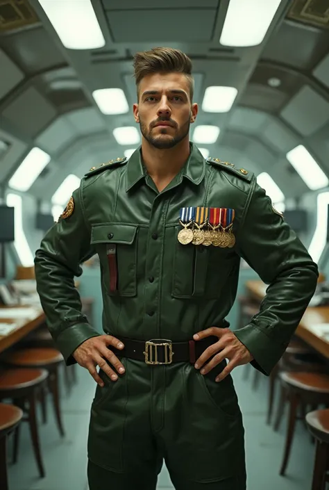 street photography of a muscular young man as a ((norse god)) with ((asymmetrical cut hair)) wearing (bdsm leather),  dressed in green army dress uniform,  medals,  indoor setting,  chairs visible,  cluttered table,  neutral colors,  standing upright,  han...