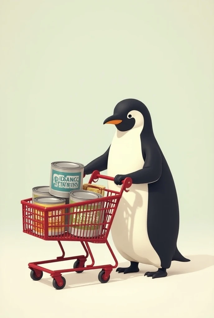  penguin with a grocery cart placing paint cans inside it, e todas as latas de tinta esta escrito ADVANCE paints sendo o "paints"  in Portuguese.