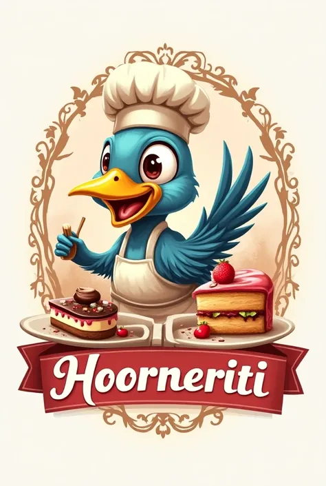 Create a gastronomy logo with a bird that says the hoorneriti and eats around it with cakes and with its gastronomic clothes