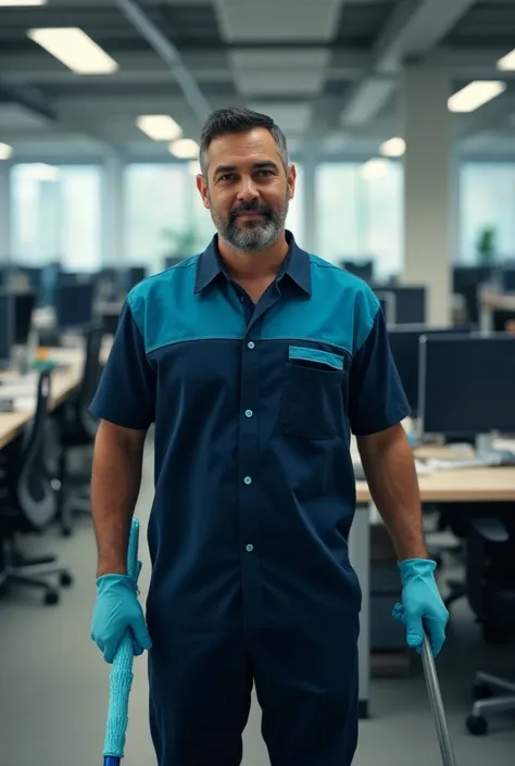  Latin American guy  , uniform dark blue cleaning clothing with lines in the uniform color cyan, holding a tool of
Cleaning of large offices that you are cleaning an entire office 
corpus


