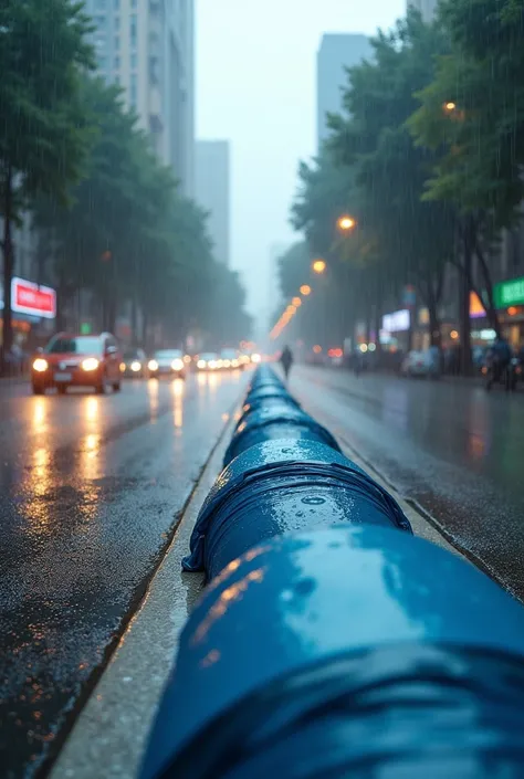 Create rain water absorbing pouches that gets inflated as soon as it sees rainwater coming or touching the pouch on busy city roads. show heavy rainfall and the pouches getting filled with rainwater.Pouches are placednon end or edge of the roads. Each pouh...