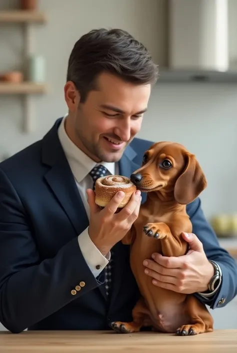 The President of Ukraine, Volodymyr Zelenskyy, holds a dachshund in his hands and feeds it a cinnamon roll