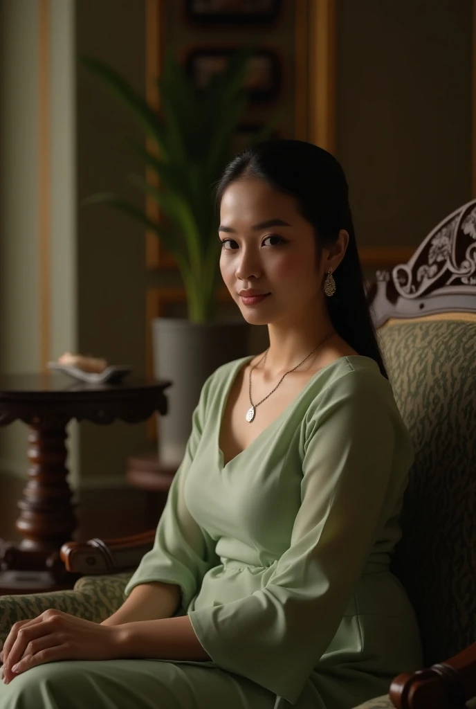  In the elegant living room , the atmosphere feels intimate .  A woman with a typical indonesian face and skin with a pear body shape ,  looks full and curvy ,  sits gracefully on a plush chair with classical carvings and intricate kurai ornament details, ...