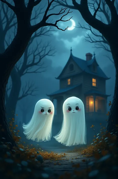  Two little ghosts , Lila and Dimo ,  float through the enchanted forest during Halloween night .  The sky is covered with dark clouds and tree branches rustle in the wind.  While exploring ,  they are attracted by a strange light emanating from an abandon...