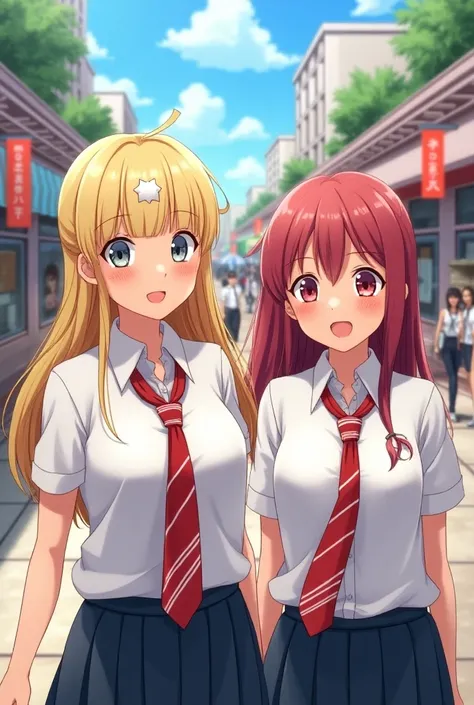 Teenage blonde high school student with straight hair with bangs and a star on her forehead ,  wearing a white uniform shirt with a red tie with white diagonal stripes that this girl is touring a mall with a colleague in the same uniform and this other gir...