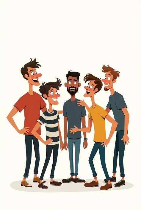 Create a sketch with different poses of six people men cartoon style 