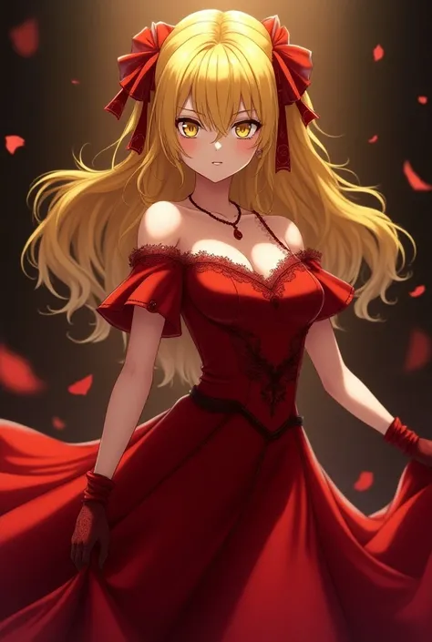 Anime girl with the expression of a villain of the nobility with yellow hair and eyes wearing an elegant dress and red