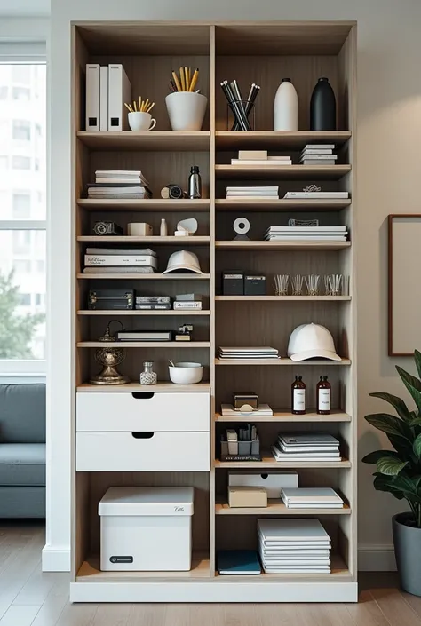  Generate an image of the best way to organize a closet where there are five shelves .  Remember that in these cabinets we have materials such as a shelf, it will only be made of materials of Bureau, i.e., hair, pencil, pen, Double Face, notepad,  stapler ...