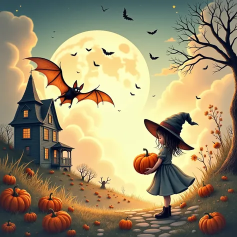 
           ( Perfectly correct and perfect anatomical structure)   Surreal Fantasy Bat Wearing Witch Hat Very Cute Girl Holding Pumpkin Old House Silhouette

 MASTER-CLASS WORK， Exquisite Hand Painted Watercolor Rendering Art Fairy Scenery Game Art ， Penc...