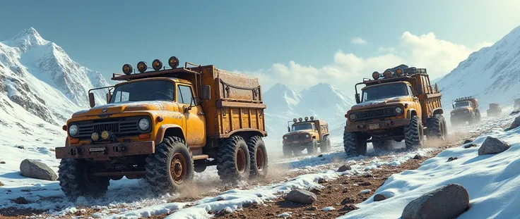  create this : "Style cover , напоминающего Snow Runner,,  Cover with dusty ones cars and broken roads .  In addition, add elements from SnowRunner : dirty, walkable areas , Trucks,  crossing difficult terrain ,  surrounded by snow-capped mountains 