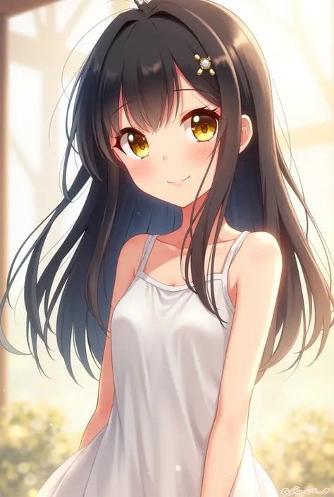 ( Anime style girl) (  black hair  , ) ( yellow eyes ) (white dress) (girl smiles)