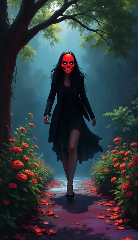 Photo Digital painting a garden hidden deep in the shadows with gothic style and dark and moody atmosphere. There is a successful woman covered by a shadow ,Running into an abyss  " scary red face mask "  and colorful flowers scattered on the nearby floor ...