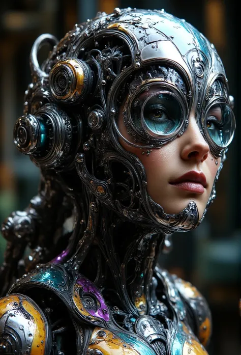 A  portrait of a highly detailed futuristic female cyborg with extensive visible robotic components, including additional wires, tubes, and gears. Her face blends human-like traits with extensive robotic elements such as exposed gears, metallic plates, rob...