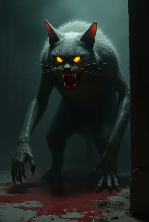 Creepy tricolor cat, huge, thin monster in a dark room , with huge clutches , sharp teeth, thick fur ,  bones coming out violently from the back bleeding,and bright yellow eyes 
