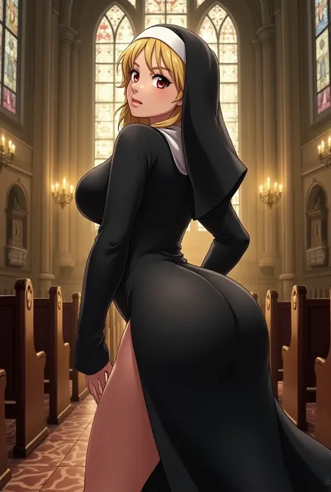 Anime blonde nun showing her big ass in a church 