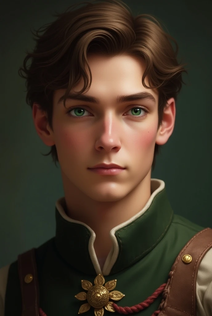 A headshot of a medieval 20 years old prince with brown hair and green eyes.