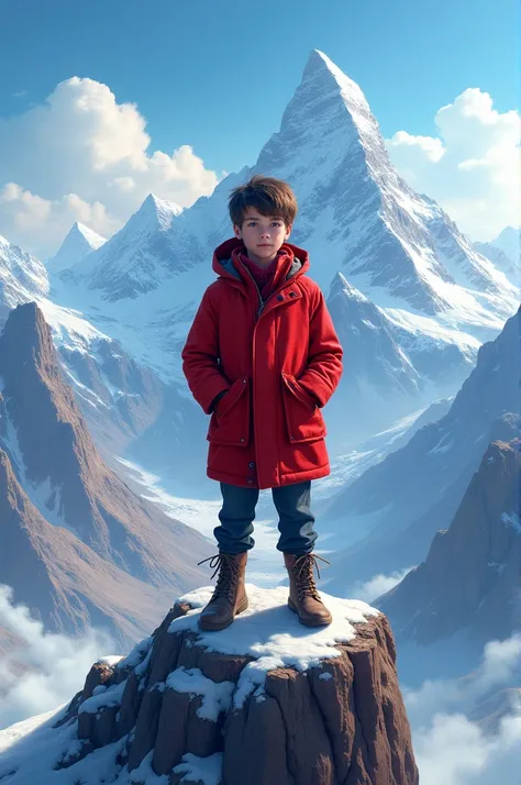 A 15 to  boy wear a red coat in top of mountain 