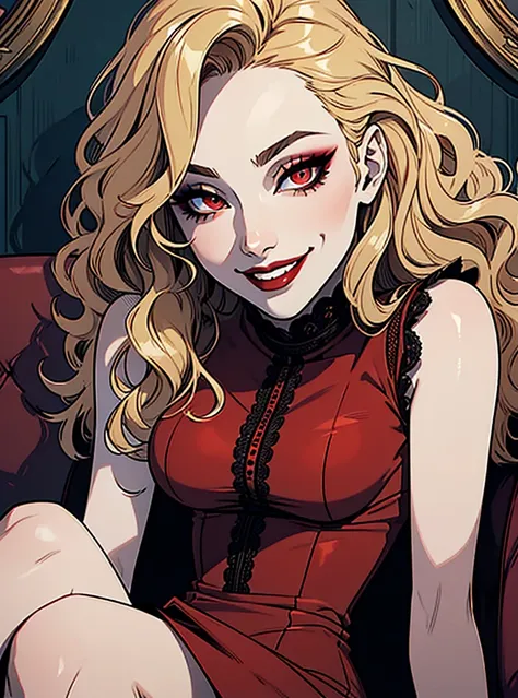 Ultradetailed face, portrait, dynamic angle, sitting on couch, dark light, detailed shading, ((heavy makeup)), ((red fit dress)), skinny, ((pervert eyes)), ((smiling)), ((long wavy hair)), wolf cut, red lips, blonde hair, pale skin, sexy pose