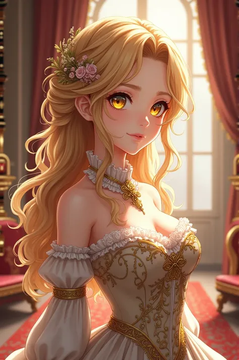 Noble anime girl with yellow hair and eyes with an elegant hairstyle and dress 