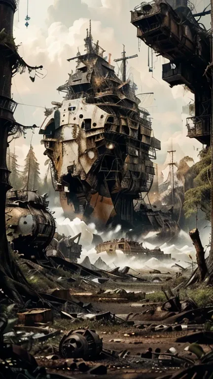 there is a large ship that is in the middle of a forest, in the art style of filip hodas, destroyed ship, inspired by Ismail Inceoglu, rusted junk, alejandro burdisio art, alien ship wreck, adventure hyper realistic render, overgrown environment, stefan ko...