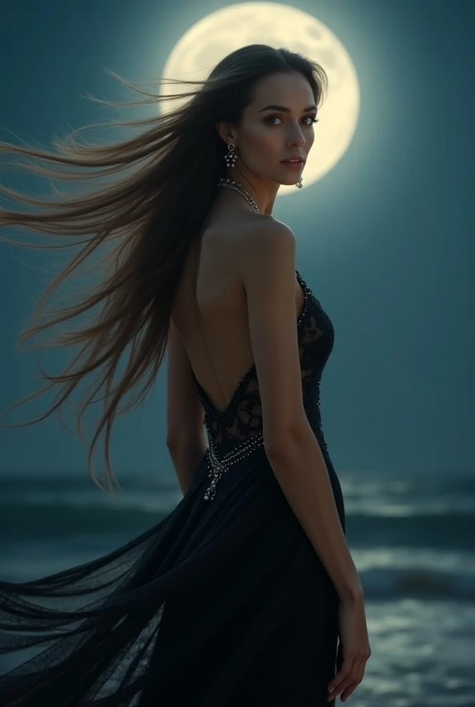 Beautifull sexy slender persan woman 50 Years old, jewelry, long lace sexy iridescent dressing, very long haïr, wind, full moon, AT night, pearls