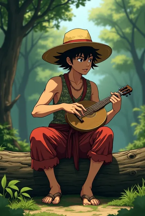 ANIME STYLE, A capoeirista,  sitting on an old tree trunk , Playing a berimbau  , The berimbau is a one-string musical instrument,  the capoeirista is wearing a Panama hat..