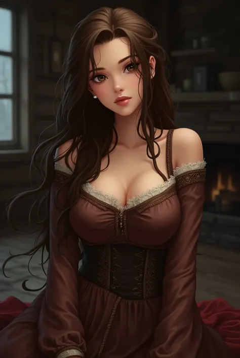 Cute sexy young adult girl with long brown hair and brown eyes with big breasts wearing old Nordic fabric clothes black color sexy background inside a cabin.(anime style ).