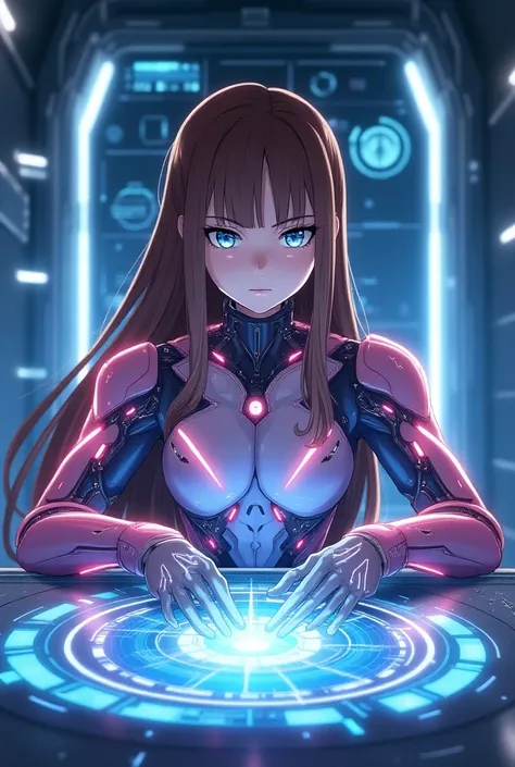 woman,  teenager, long brown hair with bangs, silver eyes,  serious expression,  spaceship wearing extremely futuristic pink and blue armor with lights and LEDs and extremely well detailed. Holographic panel background inside a futuristic . ANIME STYLE.