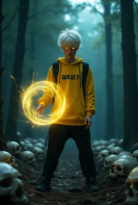 Teenager man,  platinum hair , yellow outfit with black , The name Queasy written on the shirt , yellow eyes,  making a water ball with your hands ,  landscapes of a forest full of skulls 