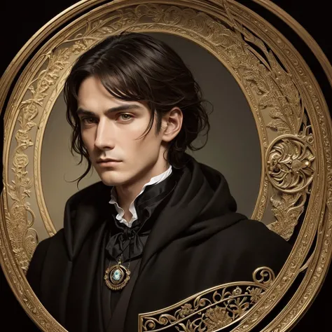 A somber, highly detailed portrait of a man with dark eyes, brown hair, and a scholarly demeanor, dressed in a formal black victorian-era outfit with a long black cloak, exuding an aura of cold beauty and feline grace. The handsome, thin man has broad shou...