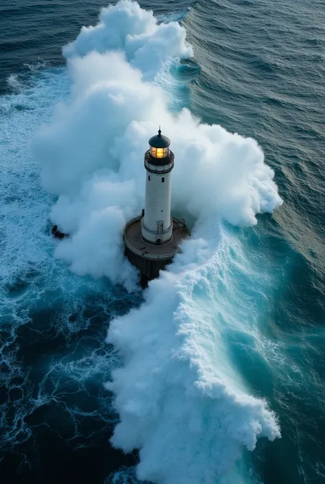 aerial top view of scnenic light tower facing massive waves . waves are so high almost of same height of light house. natural realistic award winning photo