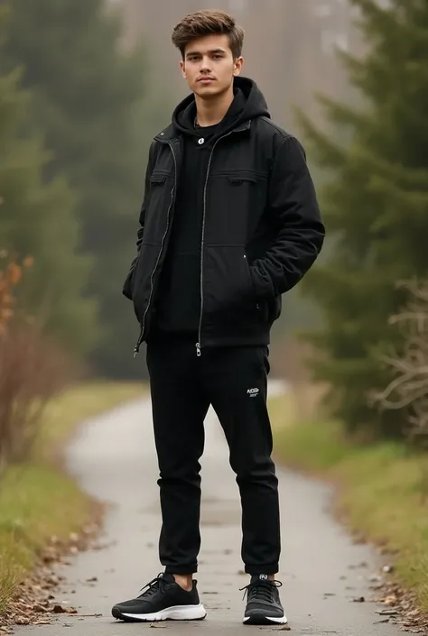 handsome  boy normal hoody black jacket colour full combination stylish shoes natural view stylish pose