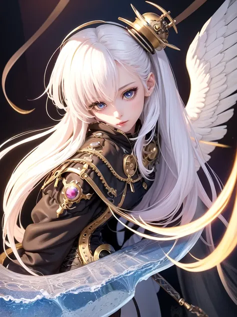 steampunk beautiful angel girl　long white hair　fantasy art illustration