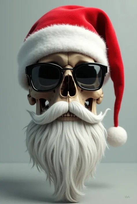 realism, a skull, with white beard and mustache, beard and long mustaches ,  the skull is wearing a red Christmas hat and dark glasses.