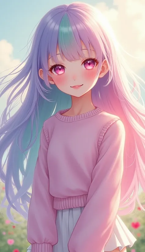 , light pink, light purple, light blue and green. , 1 girl, My hair is very long., Hime cut, chest, smile, Pink eyes, Wear a pink knit sweater with a white short skirt 