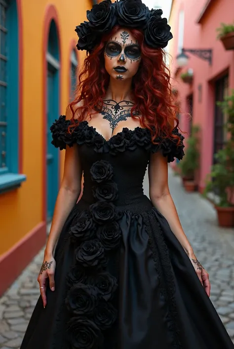 30-year-old woman long curly hair light burgundy with makeup by Catrina Mexico Day of the Dead sexy long dress black roses 