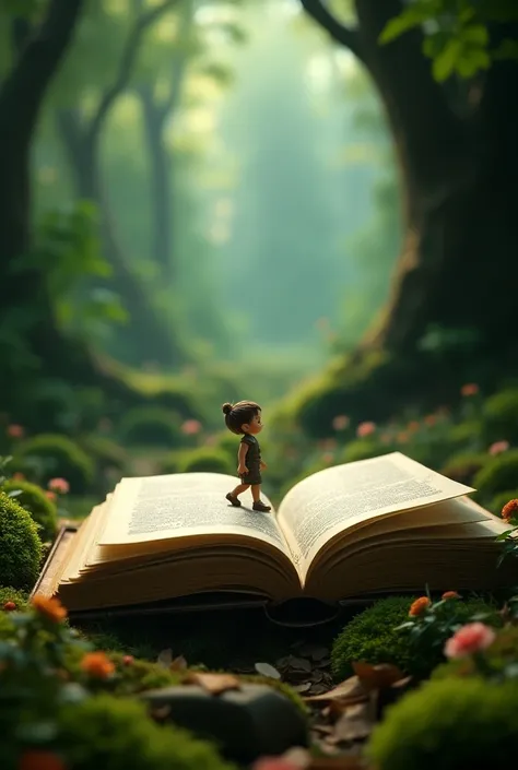 a mini person on top of a book in a forest as a portrayal of self-development
a bit more like a fantasy book 