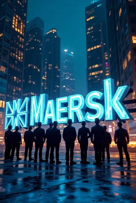 A city background that has a luminous sign with the name MAERSK written in 3D with giant 3D letters and to the left of the sign next to the name MAERSK a triangle that has two black and blue colors adorning the name MAERSK , 15 Men mantience team standing ...