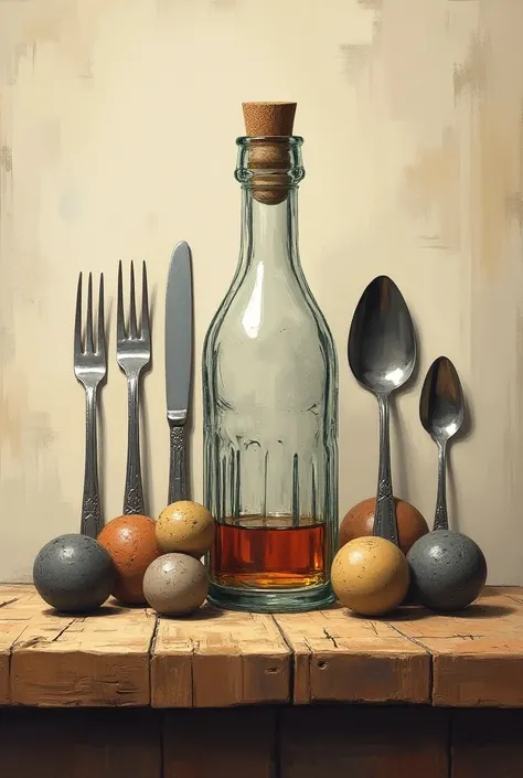 Picture of bottle ,  cutlery and balls, drawing gum table